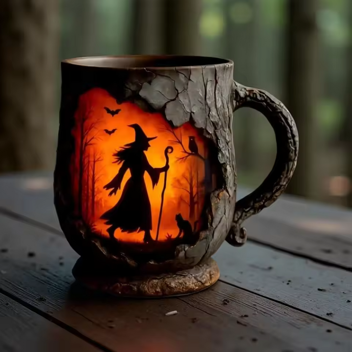 Håndlavet 3D Halloween Kaffe Typing – Troldmand & Kat Design