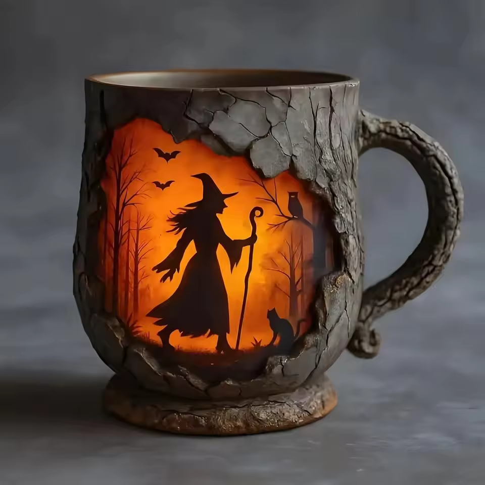 Håndlavet 3D Halloween Kaffe Typing – Troldmand & Kat Design
