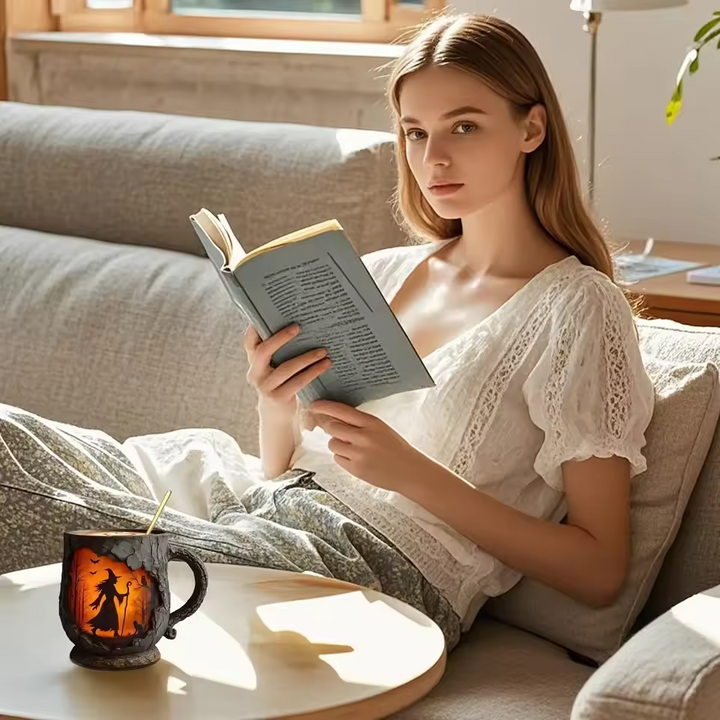 Håndlavet 3D Halloween Kaffe Typing – Troldmand & Kat Design