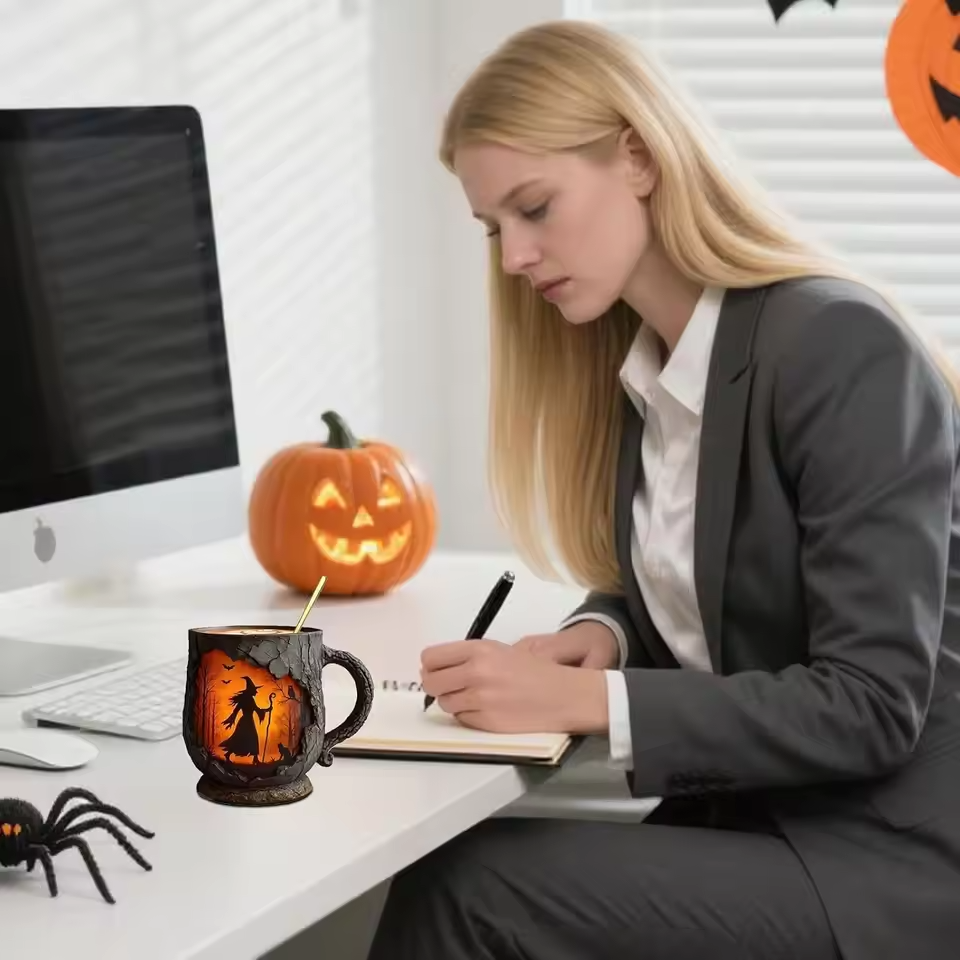 Håndlavet 3D Halloween Kaffe Typing – Troldmand & Kat Design