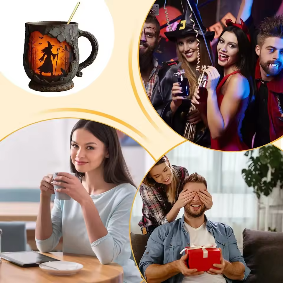 Håndlavet 3D Halloween Kaffe Typing – Troldmand & Kat Design