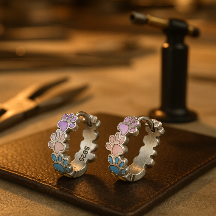 Farverige Poter HoopsØreringe i Ægte Sølv