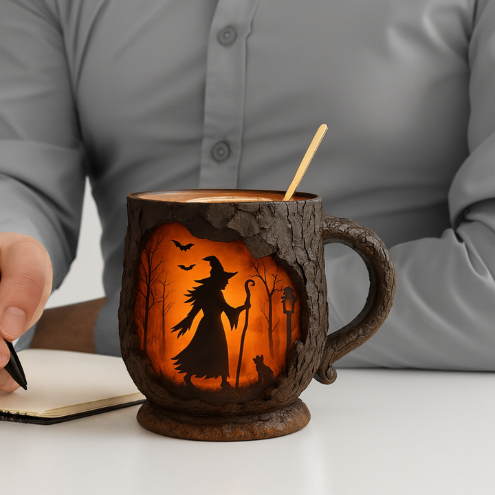 Håndlavet 3D Halloween Kaffe Typing – Troldmand & Kat Design